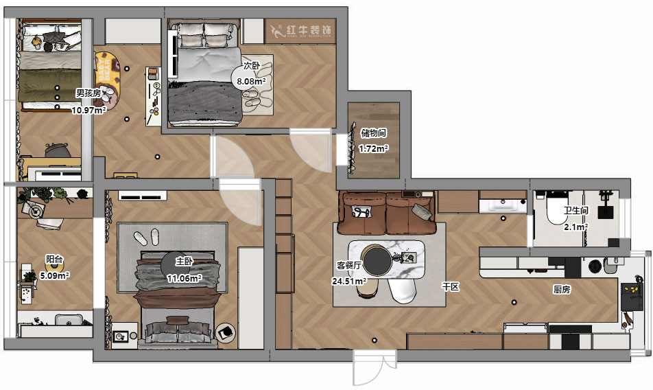 朱明琪｜金基公寓4-105-73㎡-原木风格｜3室1厅1卫｜老房改造｜定制家｜全包11万｜00_03平面彩图